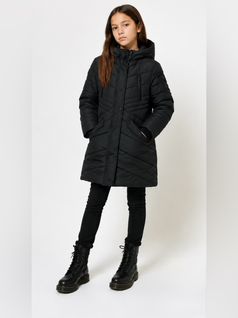 DIESEL Girls Long Quilted Hooded Puffer Coat - Black - 10